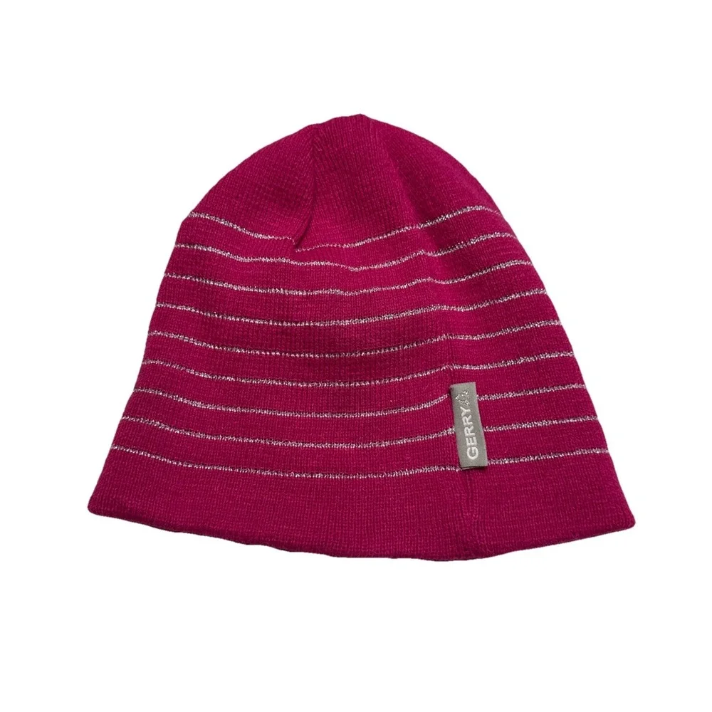 Gerry Magenta Pink Silver Metallic Striped Knit Beanie Winter Hat‎ Womens Mens